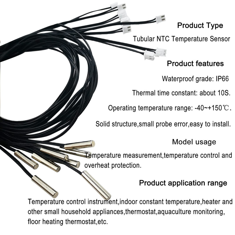 Pack of 8 NTC thermistor 10K ohm temperature sensor probe, Fajoeda stainless steel NTC 10K B3950 1% with 1m cable digital thermal extension cable