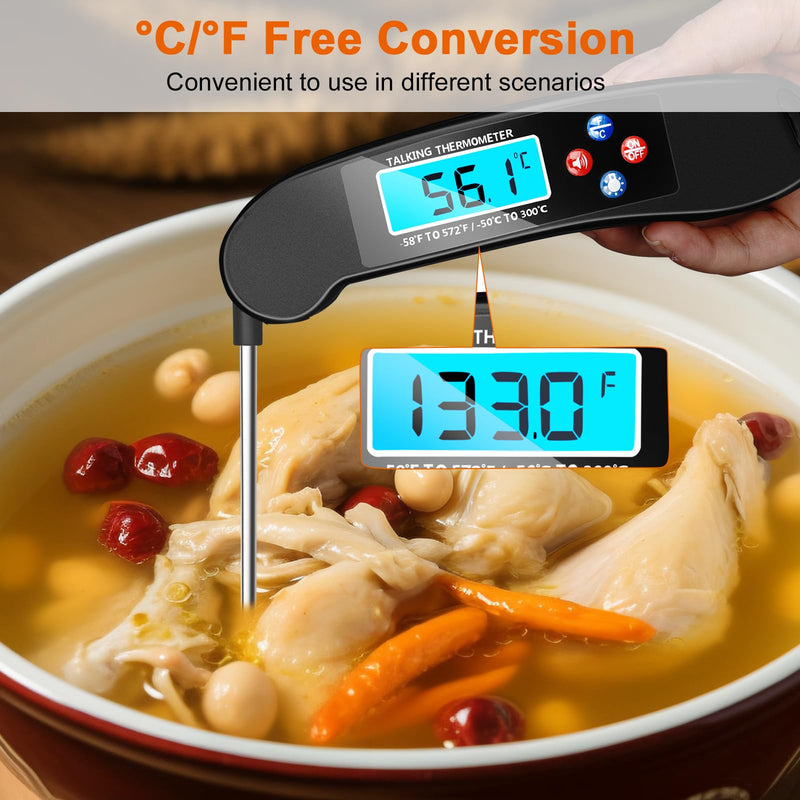 Digital Talking Thermometer for The Blind, Waterproof Instant Read Food Thermometer with Talking Function & Backlight, Meat Thermometer with Probe for Cooking and Grilling, and More