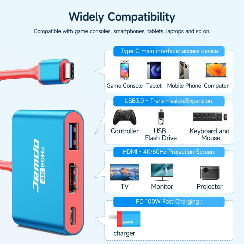 Portable Dock Adapter for Switch, Travel Docking Station for TV with 4K@60Hz HDMI Output & PD Fast Charging & USB 3.0 Compatible with Switch/OLED, Steam Deck, MacBook Pro/Air, ROG Ally
