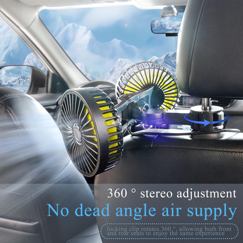 Car Fan, Dual Head USB Car Fans for backseat for kids, 3-Speed Air Speed and 360° Rotating Rear Seat Cooling Carseat Fan 5V Powerful Air Circulation Fan for Sedan SUV RV Truck