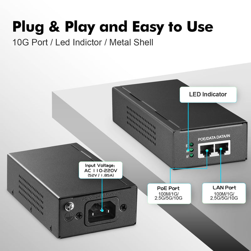YuLinca 10G PoE Injector, 65W 802.3af/at/bt Power Over Ethernet Metal PoE Adapter, 10G/5G/1G Rate Auto-Adaptive, Non-PoE to PoE Adapter, Plug & Play, Distance Up to 100 Meters (328 ft.)