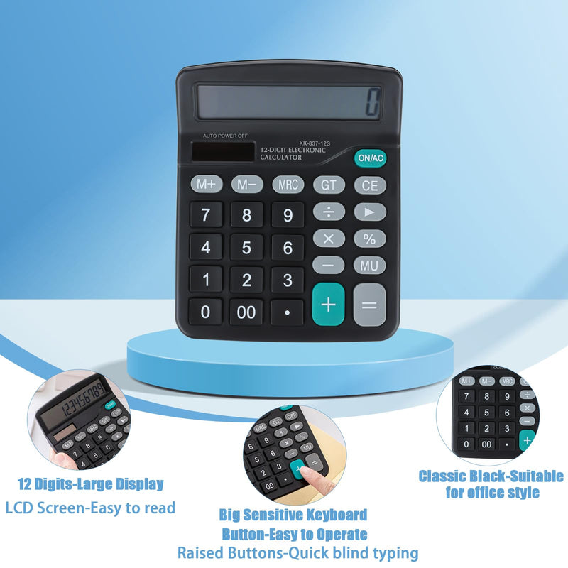 8PCS Desktop Calculators 12-Digit Dual Solar Power Calculator Handheld Basic Office Calculators with Large LCD Display and Big Sensitive Button for Office, School, Home (Black) 8