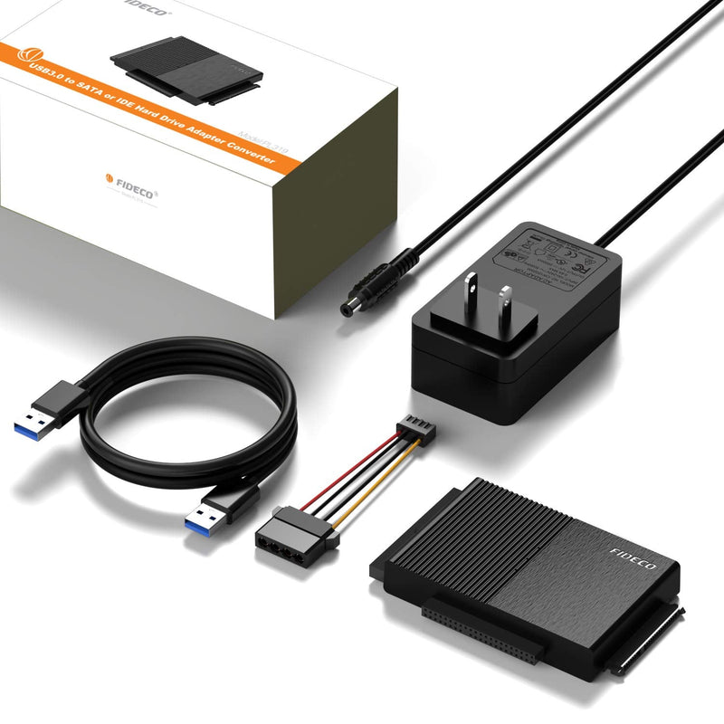 FIDECO USB 3.0 to SATA or IDE Adapter, Hard Drive Adapter Cable Universal for 2.5/3.5 inch SATA HDD/SSD & IDE HDD with 12V Power Adapter
