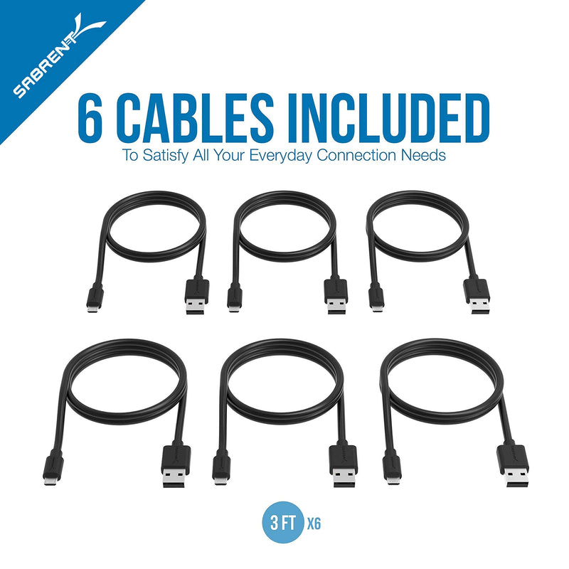 SABRENT 4-Port USB 2.0 Hub with Individual LED lit Power Switches + [6-Pack] 22AWG Premium 3ft Micro USB Cables High Speed USB 2.0 A Male to Micro B Sync and Charge Cables
