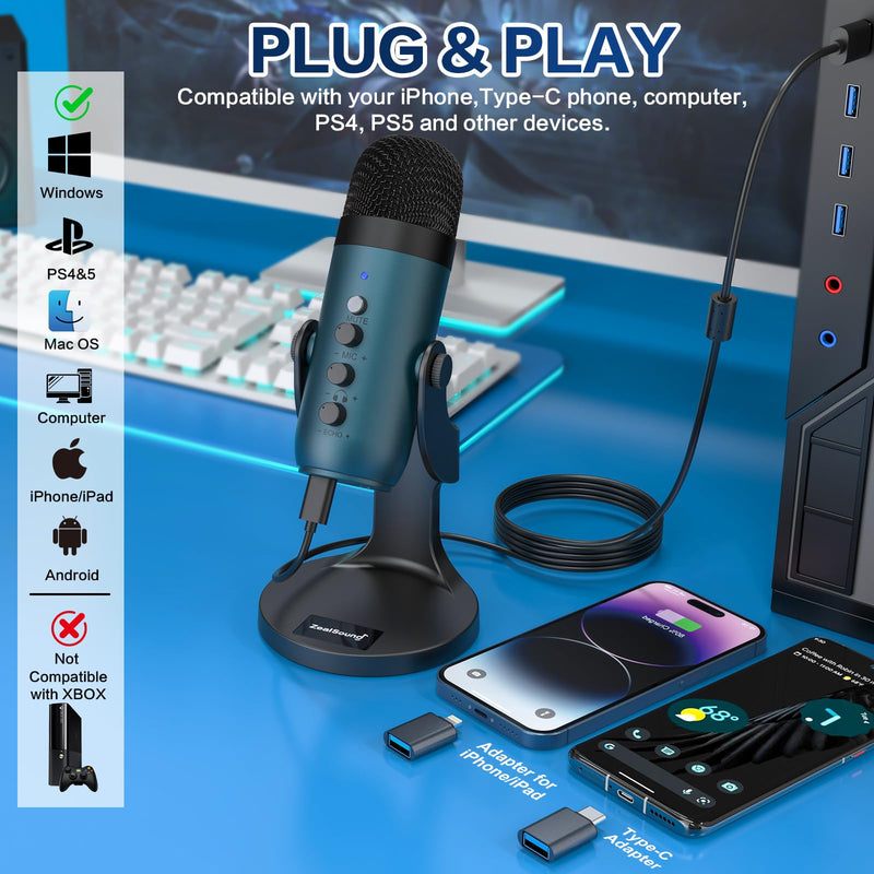 ZealSound USB Microphone,Quick Mute Noise Cancel for Phone Computer PC PS5,Gaming Microphone with Gain Control,Echo Monitor Volume Adjust for Streaming Vocal Recording ASMR Podcast Video (Teal) Teal
