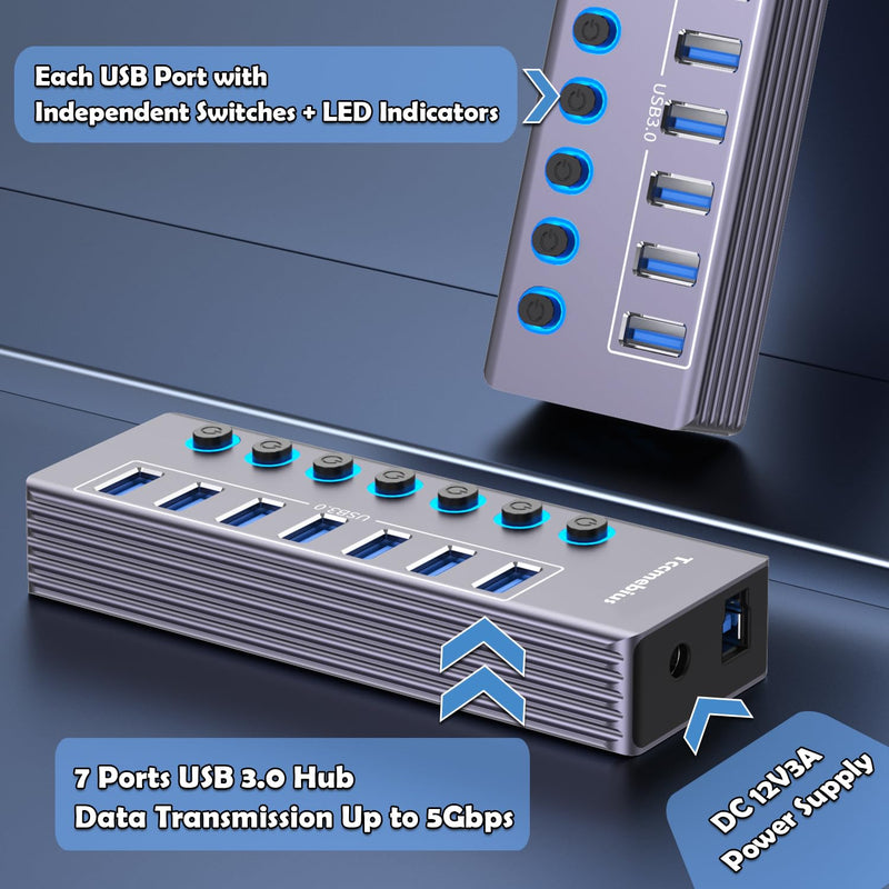 Powered 7-Port USB 3.0 Hub, USB C to 7 Ports USB Data Hub Splitter with Individual LED On/Off Switche, 3.3FT Cable, 12V/3A Power Adapter, for Laptop MacBook Pro/Air PC (Aluminum Gary)