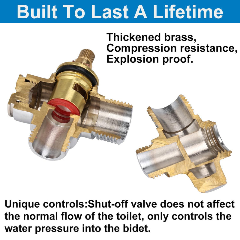Brass Bidet T Adapter with Shut-Off Valve,3 Way 7/8 or 15/16 and 1/2 or 3/8,7/8" Metal T Valve for Bidet,Toilet Tee Connector Diverter Adaptor,Bidet Attachment for Toilet