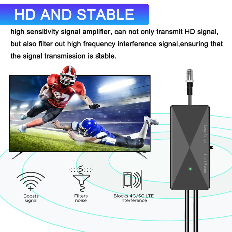 TV Antenna Amplifier Signal Booster, 25dB High Gain Antenna Booster for TV Antennas Indoor Outdoor, Clears Up Pixelated Amplifier, Adjustable Reception Range, USB Power (BK18) BK18