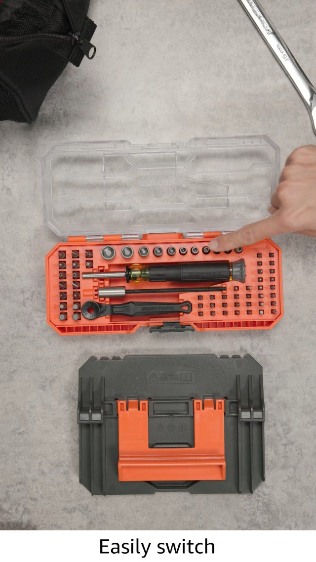 Klein Tools 80177 MODbox Ratcheting Driver Set with MODbox Case Adapter, Modular Tool System Side Rail Attachment, 65 Piece MODbox Ratchet & Driver Set