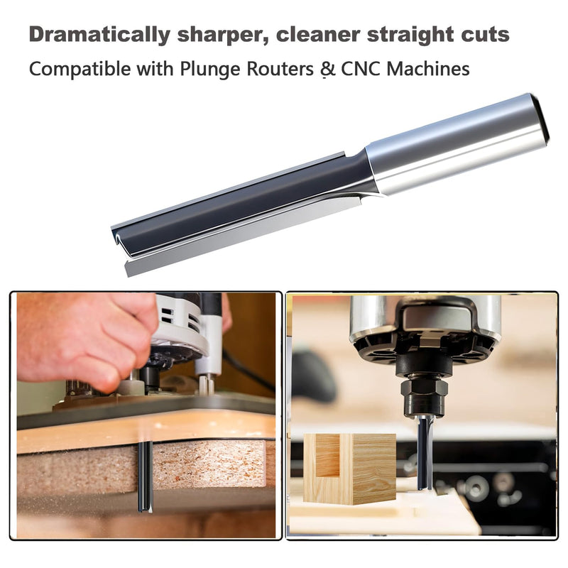 5-Piece Extra Long 2 Inch Straight Router Bit Set, 1/2" Shank, 1/2" Dia, Carbide-Tipped 2-Flute Bits for Deep Grooving, Dados & CNC Woodworking 5pcs 2" straight bit 1/2 shank