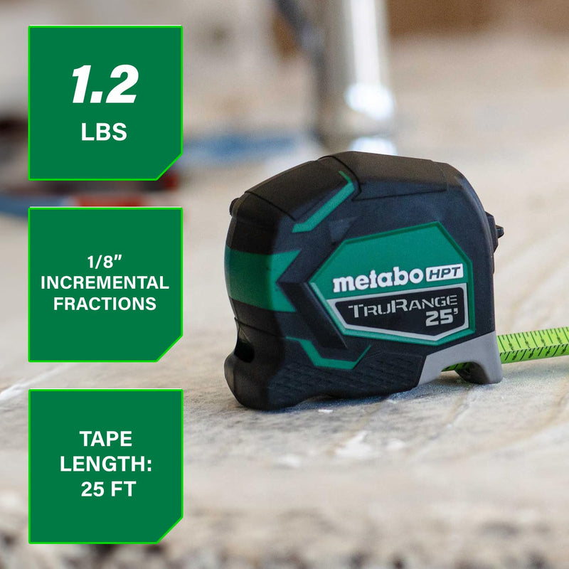 Metabo HPT 25 TruRange Measuring Tape, Green Blade, 115925M | Nylon Coated Steel, Lightweight Design, High Visibility, 17-ft Long Reach, 1/8-in Incremental Fractions 7.6 m