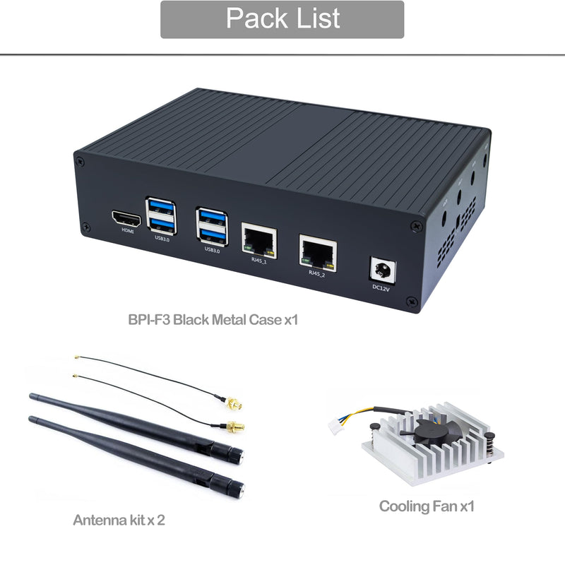 WayPonDEV Black Metal Case for Banana Pi BPI-F3 RISC-V K1 Chip SBC, Metal Heat Shell for Banana Pi BPI-F3 8 Core RISCV Single Board Computer, with Cooling Fan and Antennas (Black Metal Case)