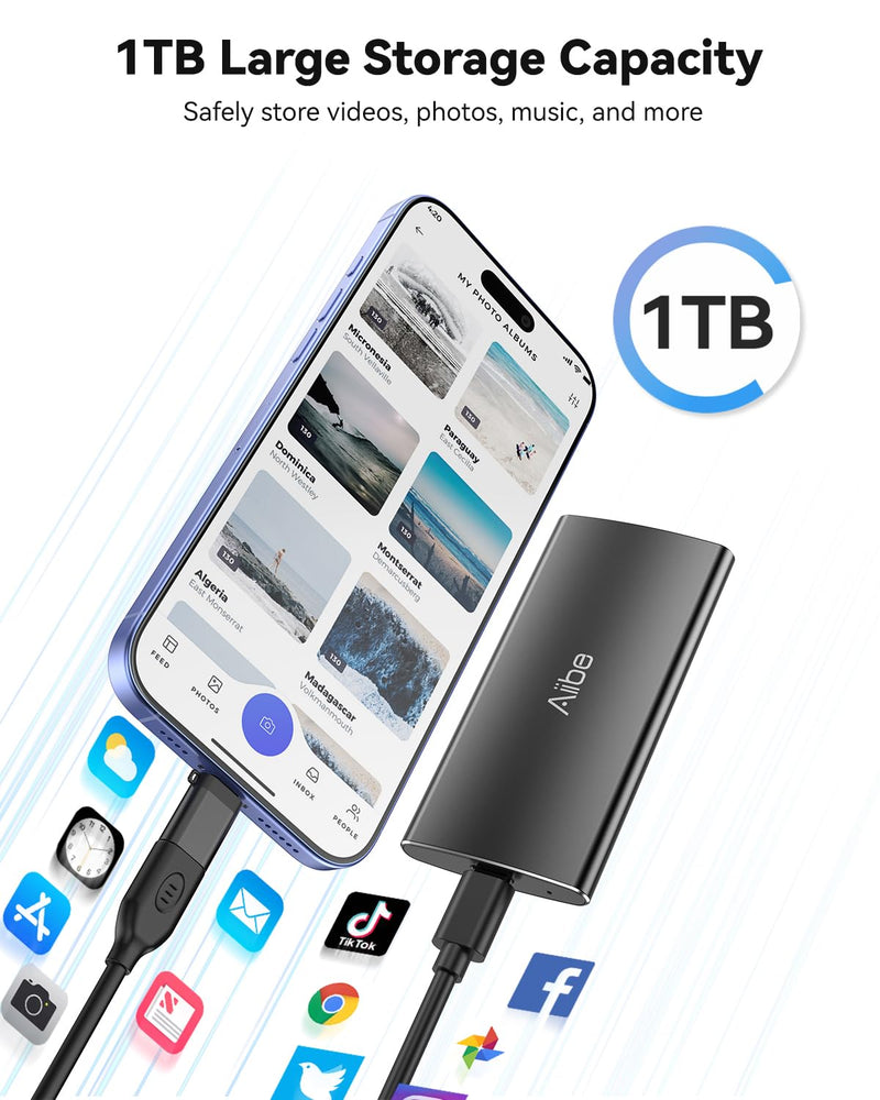 Aiibe 1TB External SSD USB C Portable SSD USB 3.2 Gen 2, Up to 1050MB/s, External Solid State Drive 1TB External Hard Drive for iPhone 16/15, Laptop, Mac and PS5 (Black) X5Plus