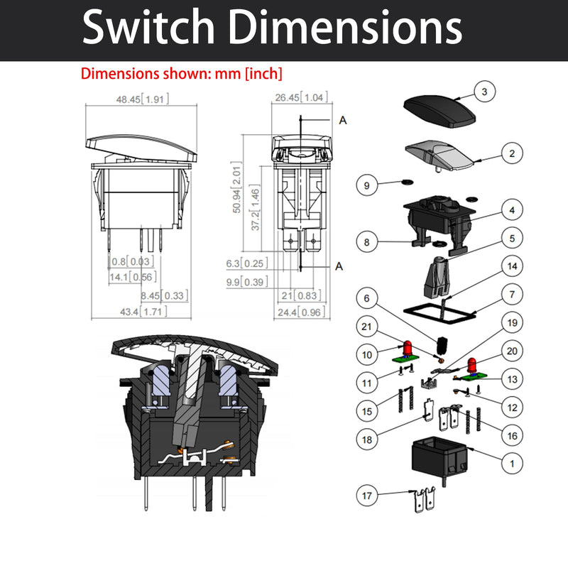 Amarine Made 4 Pack 12v 20 Amp Waterproof Red LED On/Off Boat Marine SPST 3P Rocker Switch with Light - Red LED
