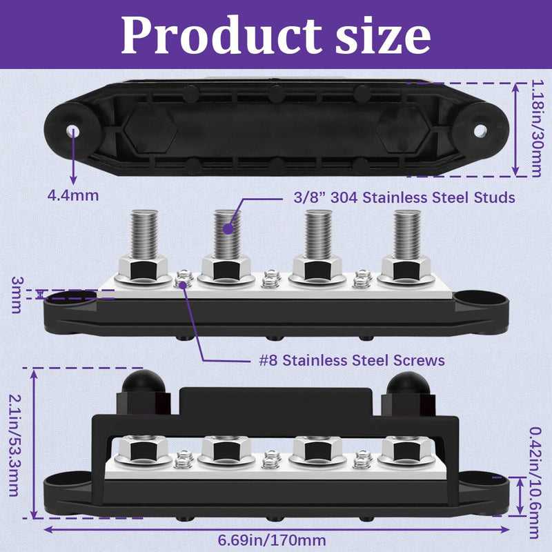 250A 12V Bus Bar Marine 12V,Power Distribution Block with Cover with 4 x 3/8”Post 6 x #8 Screws Terminals,Battery Bus Bar with 4PCS Battery Lugs and 4PCS Heat Shrink Tubing for Car Boat Solar Wiring 250A 4x3/8"+6x#8(M4)