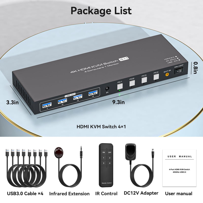 USB3.0 HDMI KVM Switch 4 Computers EDID 4K60Hz 4 Port KVM for 4 PC Sharing 1 Monitor and 4 USB 3.0 Devices with Controller 4K HDMI 4 PC 1 Monitor