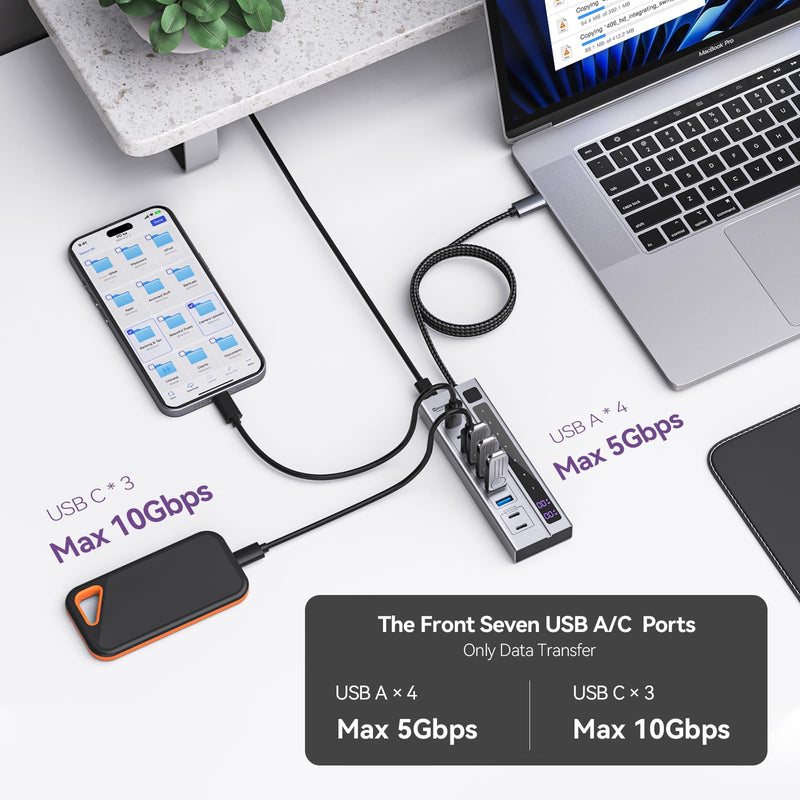 Minisopuru Powered USB C Hub – Support Max 45W Charging with 65W USB-C Power Adapter, 10Gbps, USBC Hub Charging for Meta Quest Pro, Steam, iPad Pro, iPhone, Watch (Not for Monitor) 9 in 1 PD
