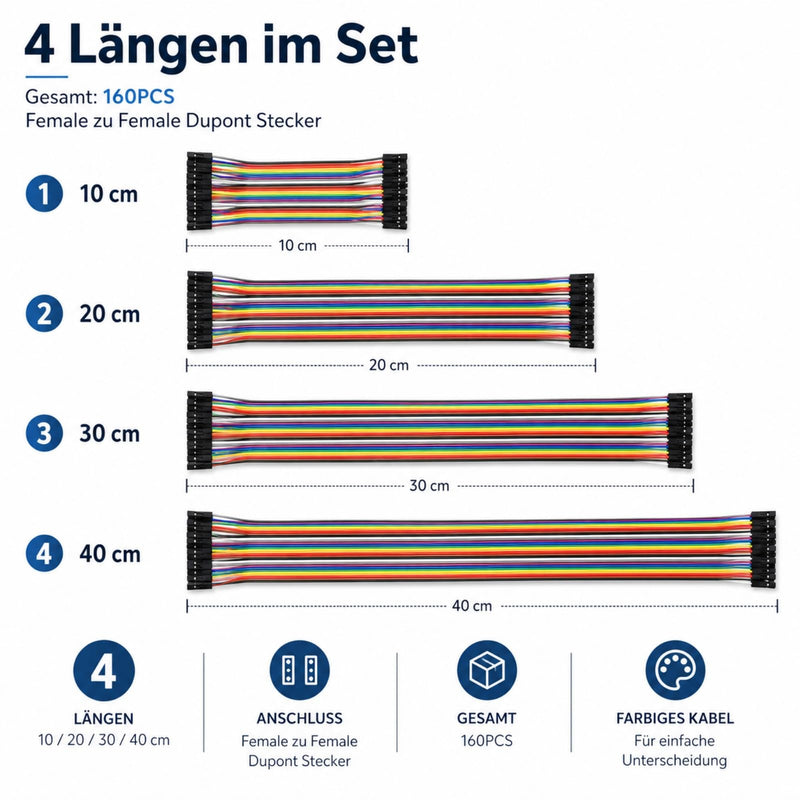 Dupont Jumper Cable Set 160pcs 10-40cm Female to Female | 160 multicolored jumper cables in 10/20/30/40 cm lengths; for breadboards and projects with Arduino, Raspberry Pi, and electronics. BB