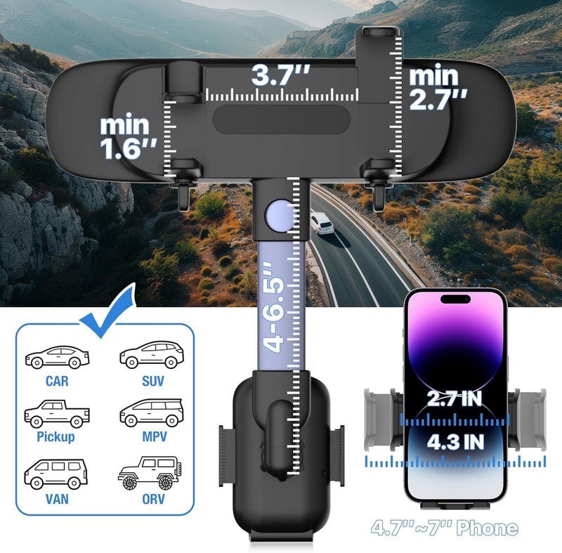 WinDu Rear View Mirror Phone Holder, 2025 Blue HD Panoramic 11.8'' Rearview Mirror with 360° Adjustable Phone Holder for Car SUV Trucks, 2 in 1 Cell Phone Car Mount for iPhone Android All Smartphone