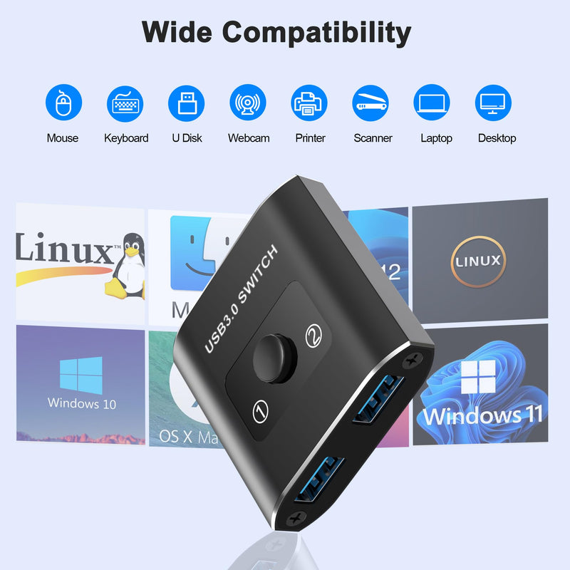 USB Switch, USB 3.0 Switch, Bi-Directional USB Switcher 2 in 1 Out/1 in 2 Out, Aluminum USB Switch 2 Computers Share 1 Device for Printer, Mouse, Keyboard, USB Sharing Switch with 2 USB 3.0 Cables