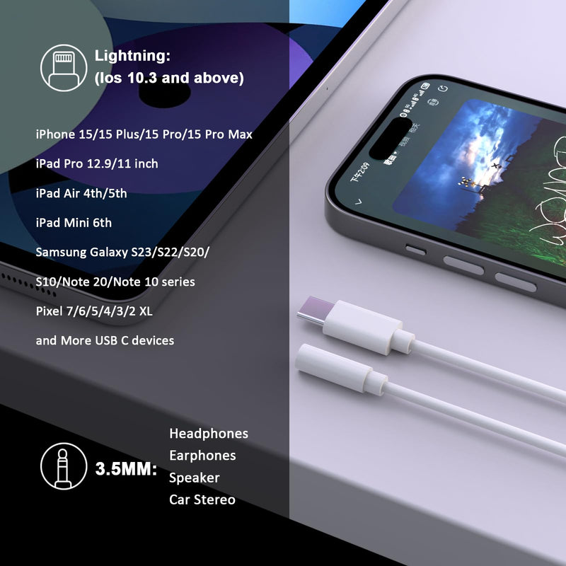 [MFi Certified] iPhone 15 Headphone Adapter, 2 Pack USB Type C to 3.5mm Headphone Jack Aux Audio Adapter Dongle Compatible for iPhone 15/15 Plus/15 Pro/15 Pro Max, iPad Pro, Galaxy S24 S23 S22 Ultra 2Pack White/USB C