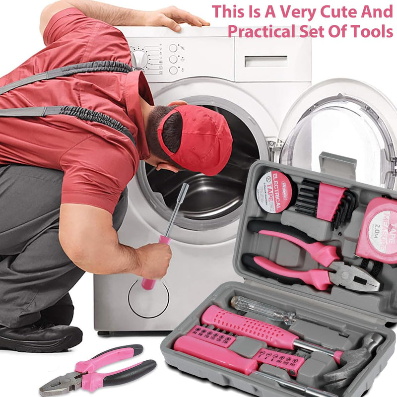 48Pcs Household Repair Tool Kit Multi-Purpose Pink Home Hand Tool Set with Case Hammer and Allen Key Set with Electrical Tape Screwdriver Test Pen Plier Bits 48