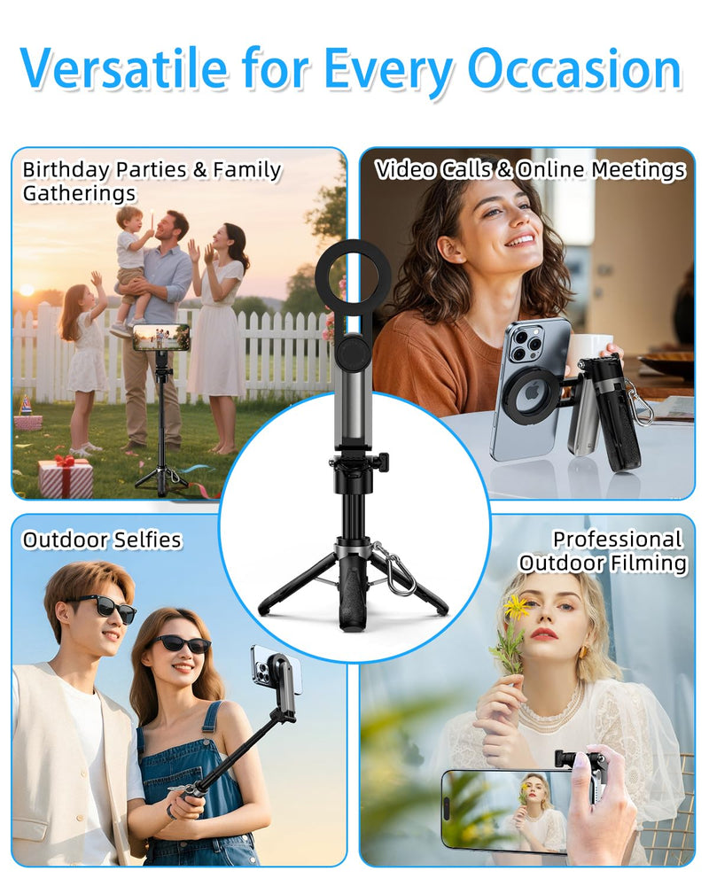 CloudValley Magnetic 4-in-1 Multifunctional Selfie Stick Tripod, Mini Portable Pocket Phone Stand with Detachable Remote, Compatible with MagSafe, for iPhone/Android, Travel Vlog, Live Stream, Black