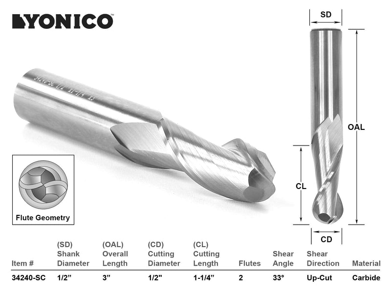 YONICO Carbide Ball Nose End Mill CNC Router Bits 2 Flute Spiral 1/2-Inch Dia. 1/2-Inch Shank 34240-SC 1/2" Diameter - 1-1/4" Length