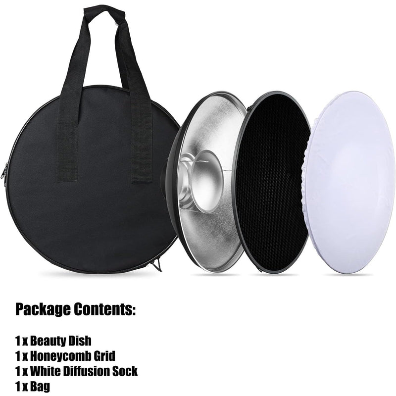 16inch/42cm Standard Reflector Beauty Dish with White Diffuser Sock, Honeycomb Grid and Carrying Case Bag for Bowens Mount Studio Strobe Flash Light (16inch) 16inch