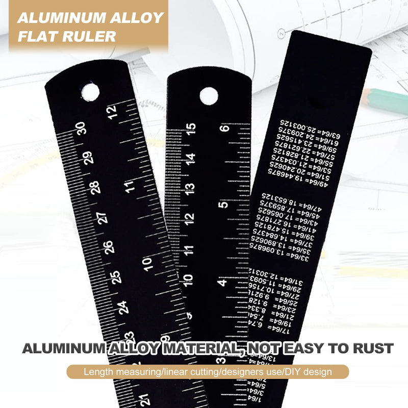 Metal Ruler, 30 cm, 15 cm, Steel Ruler, Metal Ruler, Double Scale, Steel Ruler, Set of 2, Edge Measuring Tool Ruler (Black)