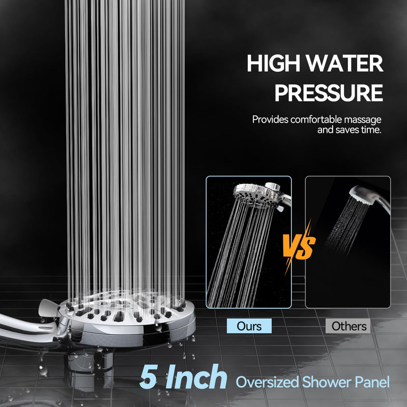 VOXON Magnetic High Pressure Shower Head, 10-Mode Handheld Shower Head, Built-in 2 Power Wash, Adjustable Shower Head with Handheld with Magnetic Docking & 60'' Hose, 2.5 GPM Showerhead with 5'' Face Silver