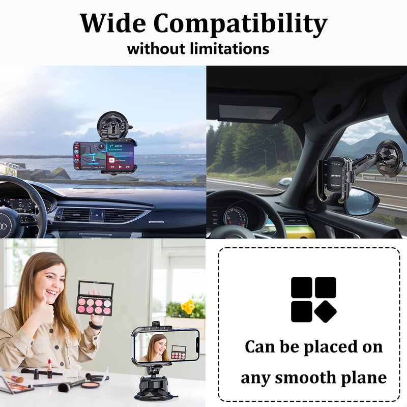 Car Phone Holder Mount with Vibration Dampener & Twist-Lock Suction Cup Base, [Camera Friendly] [1s Lock & Release] with Metal Medium Arm for Vehicle Windshields, Fit 5.4''-7.2'' Smartphones