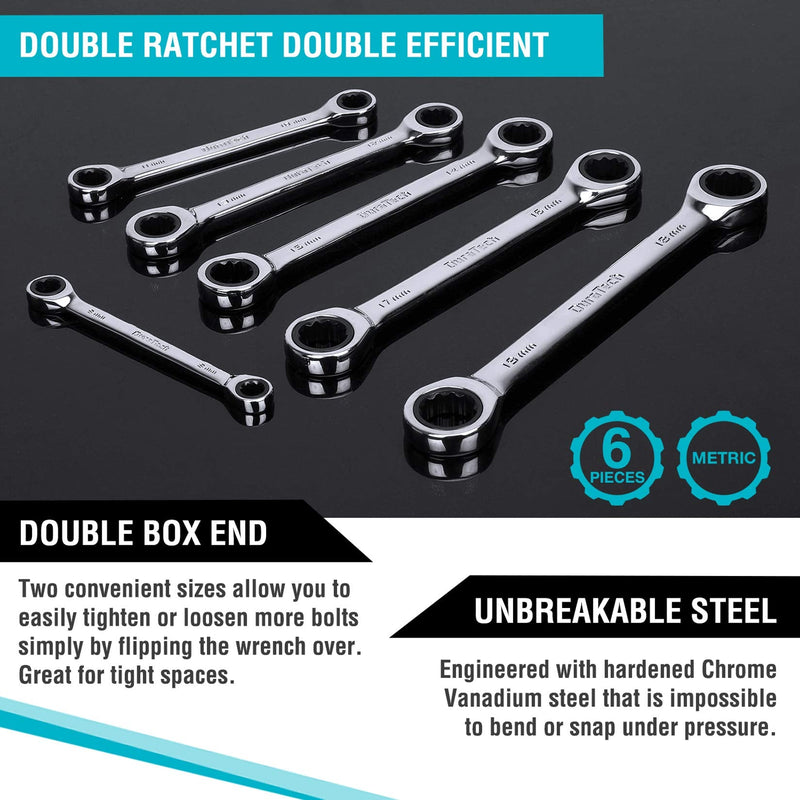 DURATECH Double Box End Ratcheting Wrench Set, Metric, 6-Piece, 8-19mm, CR-V Steel, with Rolling Pouch 6-Piece Wrench Set, Metric, with Rolling Pouch