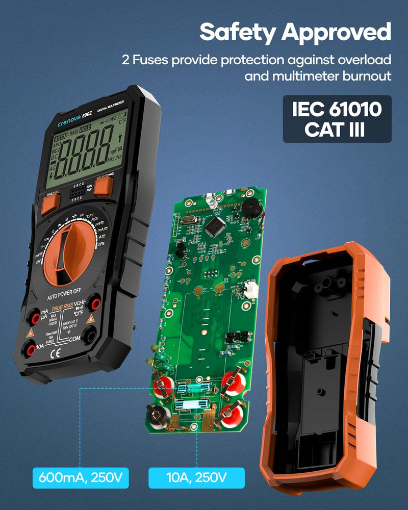 Crenova 890Z Digital Multimeter 6000-Count TRMS 1000VDC/750VAC Auto-Ranging | Measures AC/DC Voltage, Current, Resistance, Capacitance, Diode, Continuity, Transistor (hFE), Temperature, NCV