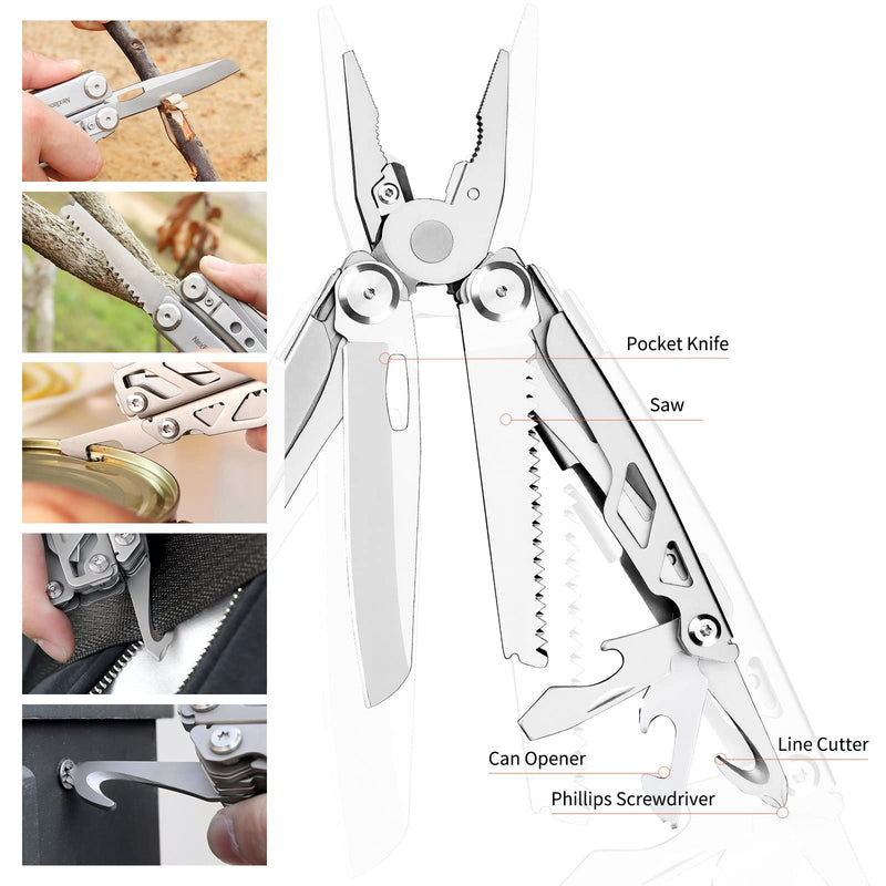 NexTool Flagship Pro Multitool, Foldable Utility Knife with Safety Locking, EDC Multitool with Pocket Knife, Full Size Scissors, Can Opener for Camping, Survival, Fishing, Cool Gifts for Men Sliver