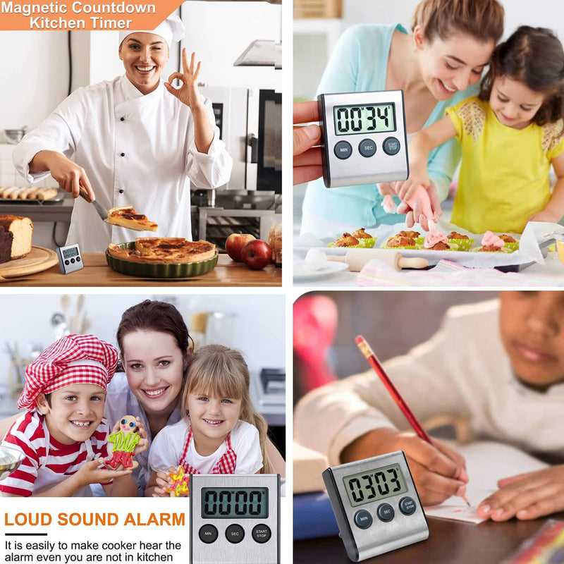 4 Pack Digital Kitchen Timer Magnet, Stainless Steel Cooking Timers with Alarm. Magnetic Countdown Timer for Kitchen Cooking, Baking,Sports Games