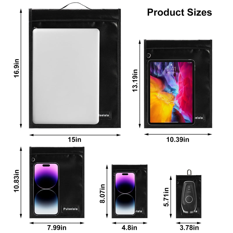 Large Faraday Bags Emp Proof for Car Keys & Phone & Tablets & Laptop & Key Fob - 5 Pack Faraday Cage Faraday Key Fob Protector Faraday Pouch, Anti-Tracking Anti-Hacking, RFID Signal Blocker (Black) Black
