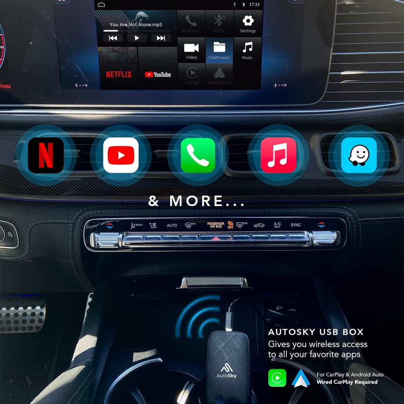 AutoSky Wireless CarPlay and Android Auto AI Box Lite for Factory Wired CarPlay Cars - Supports Netflix and YouTube - Go Wireless CarPlay and Android Auto. Wired CarPlay Required