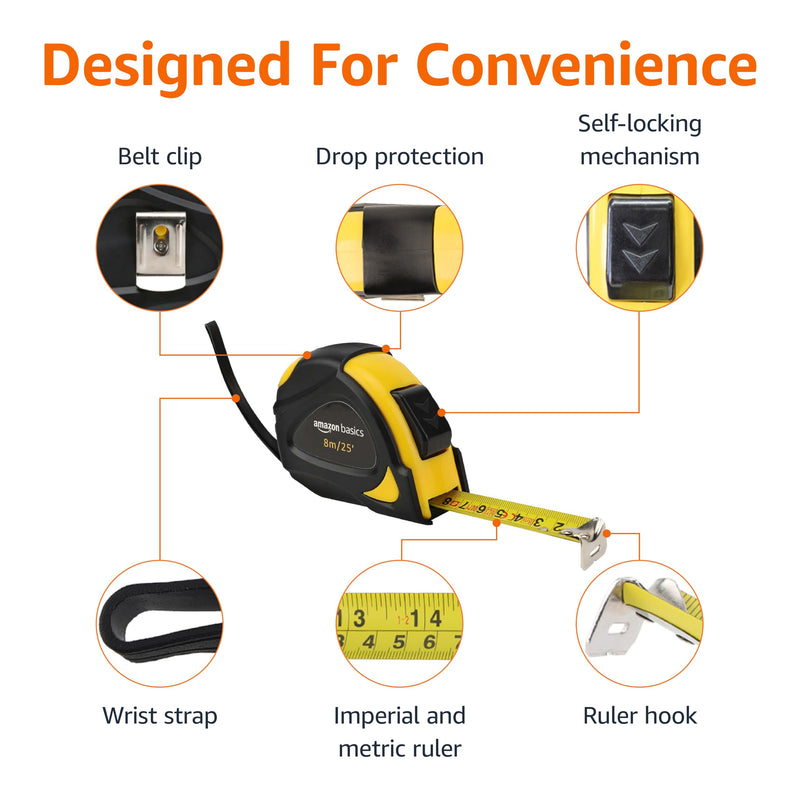 Amazon Basics Self-Locking Tape Measure, 25ft (8-meters), Accurate Dual Scale inch/metric, MID Accuracy, Extendable, 2-Pack, Yellow 7.6 m