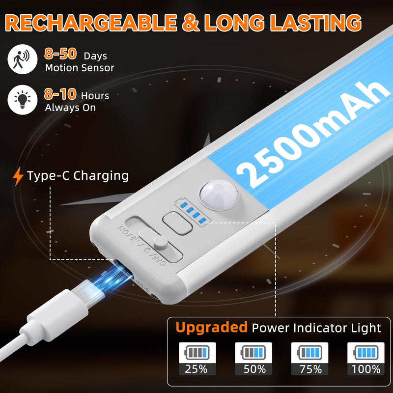 Under Cabinet Lighting Wireless, Motion Sensor Light Indoor Rechargeable, 3 Color Dimmable Closet Light Battery Operated with LED Power Display, Magnetic Under Counter Lights for Kitchen, Home (3Pack) 15inch-3Pack