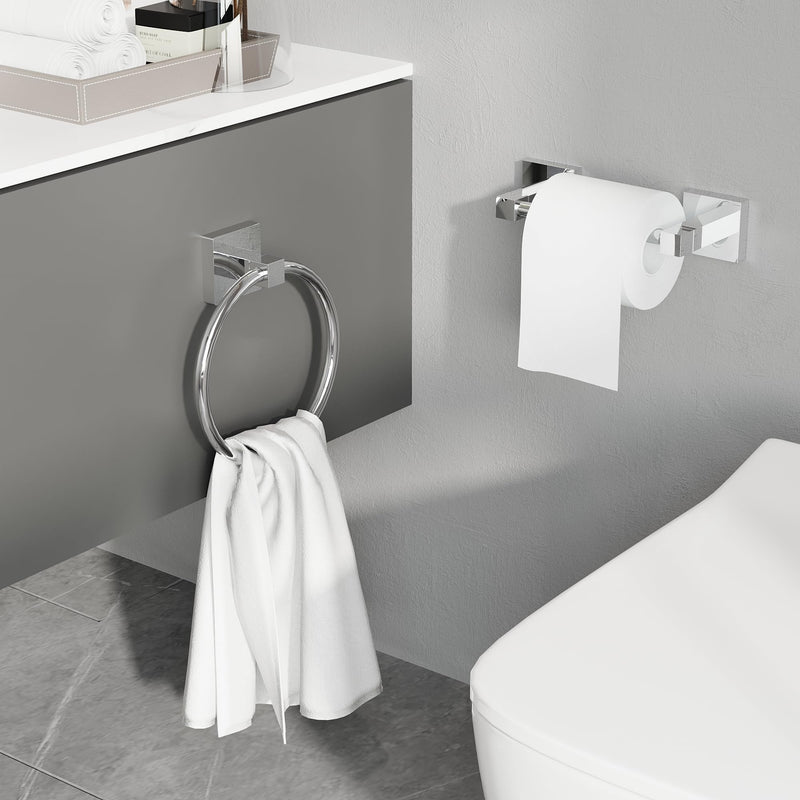 Ruacq Chrome Toilet Paper Holder Towel Ring Bathroom Accessories Hardware Set Double Post Pivoting Toilet Roll Holder Square Stainless Steel and Zinc Alloy Modern Wall Mounted 2 Pieces 2pcs