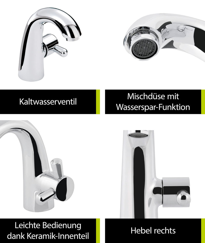 'aquaSu® Premium cold water tap with water-saving mixing nozzle, side operation, bathroom pillar valve, single-lever mixer with ceramic cartridge, round spout, cold water valve, brass, chrome, 796200 chrome - Primo