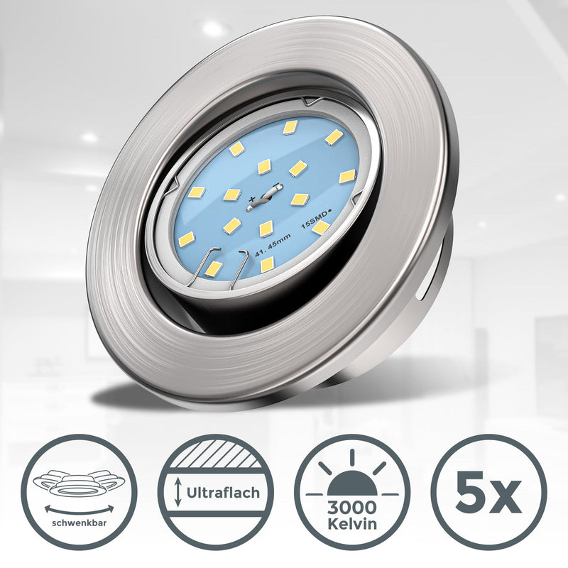 BKLicht - Set of 5 LED recessed spotlights 230V swiveling, warm white light color, hole size 68mm, LED spot, flat, ceiling spots, LED spots, recessed lights, recessed spots LED, 86x26 mm, matt nickel set of 5 86x26 mm