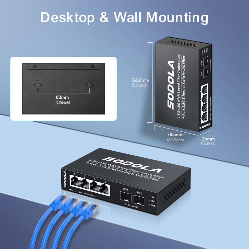 SODOLA 6 Port 2.5G Umanaged Ethernet Switch,4X 2.5GBASE-T Ports,2X 10G SFP, 60Gbps Switching Capacity,Mini Wall Mountable 2.5Gb Network Switch for Wireless AP, NAS, PC 4X2.5G+2X10G SFP+
