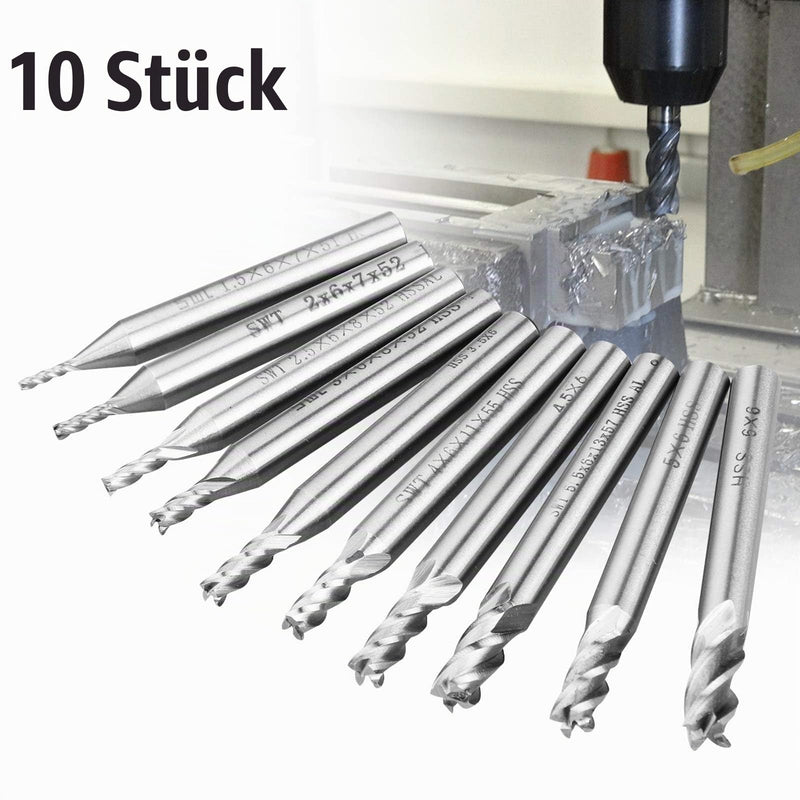 Linkstyle 10 Pieces HSS End Mill, 4 Flute Carbide CNC Groove Cutter Metal Cutter Drill Bit Set, 1.5-6 mm Straight Shank Drill Bits Tool Set for Wood, Aluminum, Steel, Titanium, Wood 10 pieces.