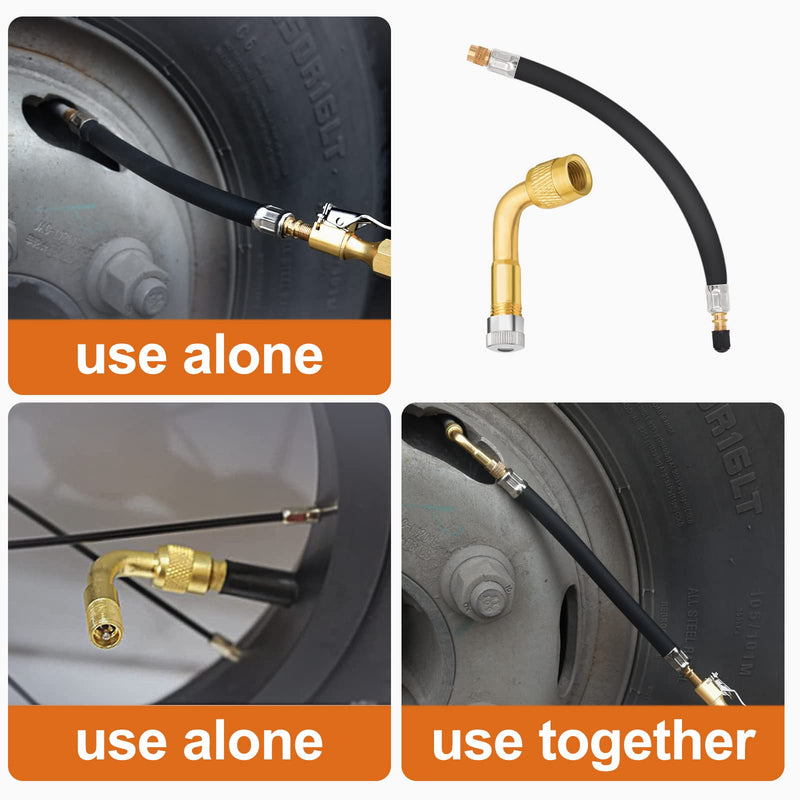 Tire Valve Extensions, 8.25 Inch Flexible Valve Stem Extenders with 90 Degree Brass Schrader Tire Valve Extension Adaptor Compatible for Cars Truck Motorcycle Bike Scooter 8.25'' 2PCS + 90° 2PCS
