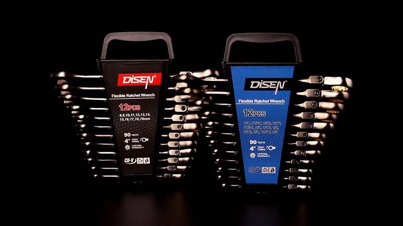 DISEN 12 Pcs Flex Head Ratcheting Wrench Set 90 Teeth, Metric Combination Ratchet Wrenches Set 8-19MM, Nickel Plating Cr-VSteel with Organizer Rack 12pc MM Flex