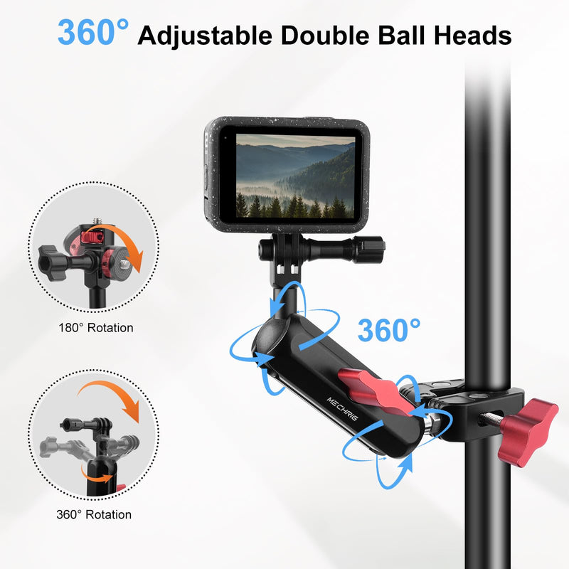 Camera Mount Super Clamp, Double Ballhead Magic Arm Clamp for GoPrO/Pocket 3 /lnsta360 X3 X4 /DSLR/Monitor/LED Light/Flash/Microphone,360°Rotating & 1/4”Screw & CNC Ebike Handlebar Clip Kit, JC008 JC008 Clamp Kit