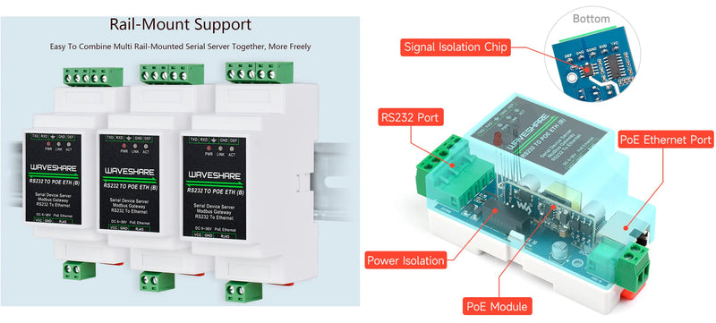 RS232 to RJ45 Ethernet Converter Adapter with POE Function,Rail-Mount RS232 Serial Server, Bi-Birectional Transparent Data Transmission Between RS232 and Ethernet, Support Modbus MQTT TCP/IP