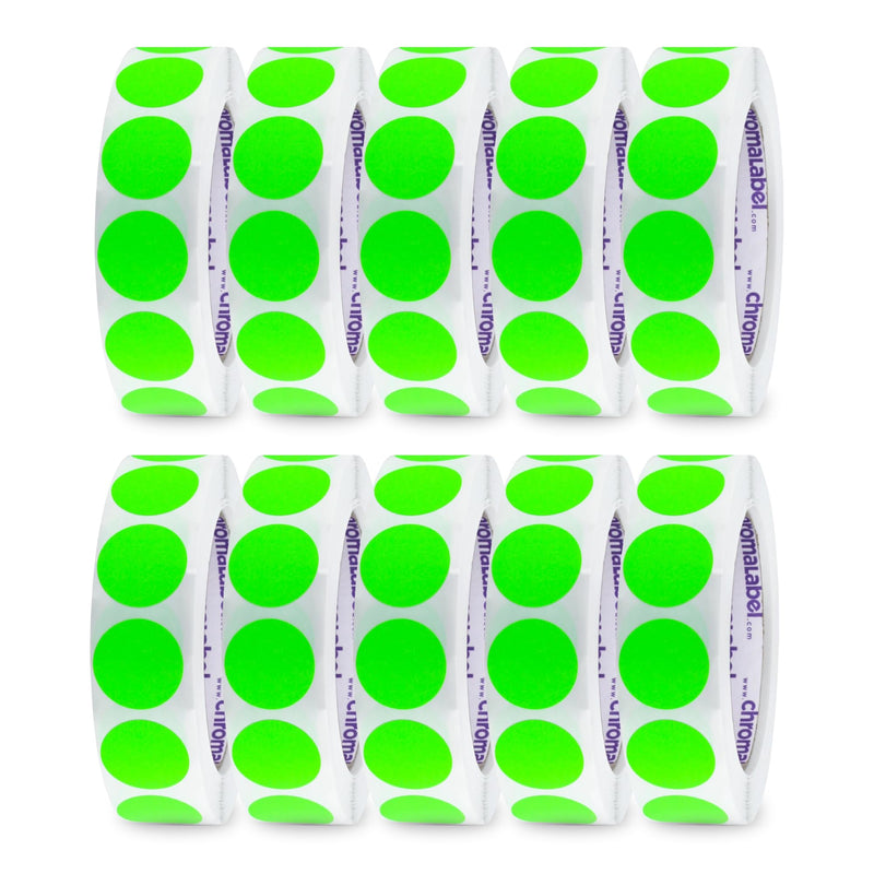 ChromaLabel 1 Inch Fluorescent Green Circle Sticker Labels, Removable Color Coding Dots, Easy to Write On – 1,000 per Roll, Pack of 10